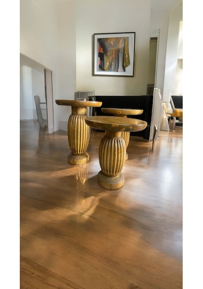 Wood Wooden Ahşap 3 Lü Set Mantar Yan Sehpa Modern Meşe Renk