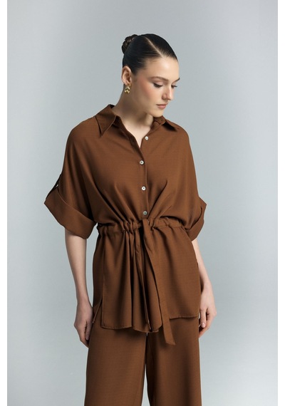 Beli Bağlamalı Kimono Gömlek - Kahve-137287