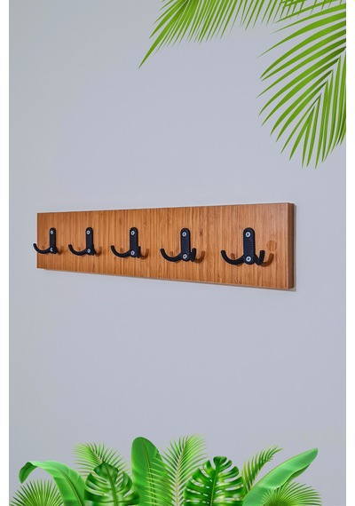 Bambu - Siyah Portmanto Duvar Askılığı Modern Elbise Askılığı 5'li Metal Askılıklı Bambu Bambu