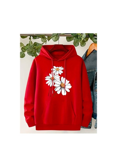 Medinenur Papatya Baskılı Kapüşonlu Sweatshirt Kırmızı