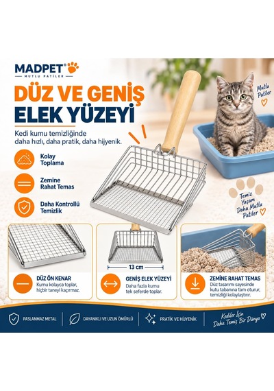 Metal Kedi Kumu Elek Kürek - Ahşap Saplı Paslanmaz Kedi Kumu Küreği - İnce Tel Elek Yapılı Hijyenik Kedi Tuvalet Temizleme Küreği - Dayanıklı Ve Pratik - 26 Cm