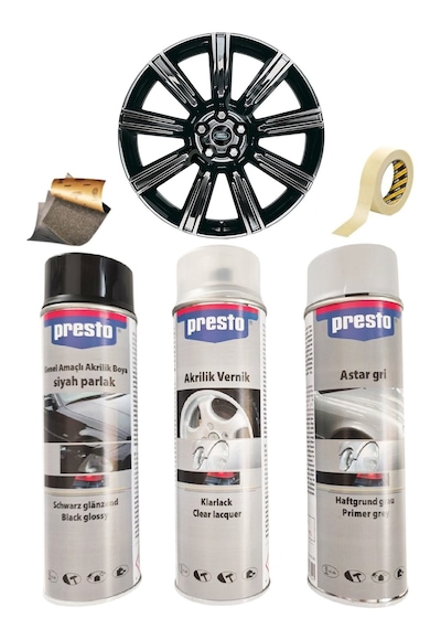 Presto Parlak Siyah Sprey Jant Boyama Seti+vernik+astar 500 Ml.