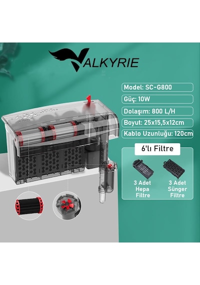 Valkyrie Askılı Akvaryum Şelale Filtre 10w 800 L/h 6 Lı Filtre Yüzey Temizleyici