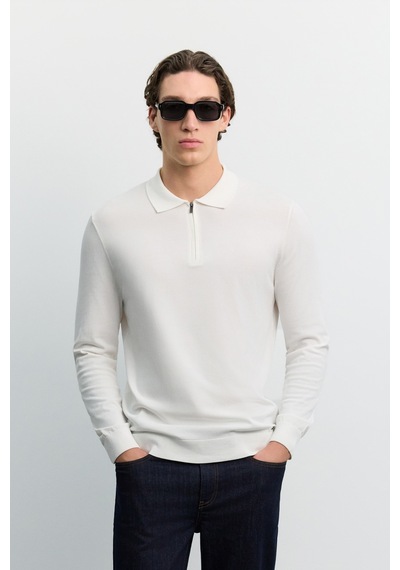 Avva Erkek Ekru Polo Yaka Fermuarlı Rayon Tüylenmeyen Basic Triko Regular Fit Kazak B005150