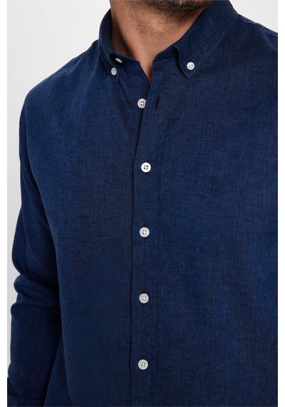 Tudors Erkek Slim Fit Dar Kesim Uzun Kollu Keten Premium Seri Düğmeli Yaka Spor İndigo Gömlek-32820 İndigo
