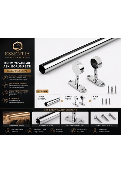 Krom Yuvarlak Askı Borusu Seti 58 Cm Paslanmaz Metal Dolap İçi Elbise Askılık Sistemi Çoklu Renk