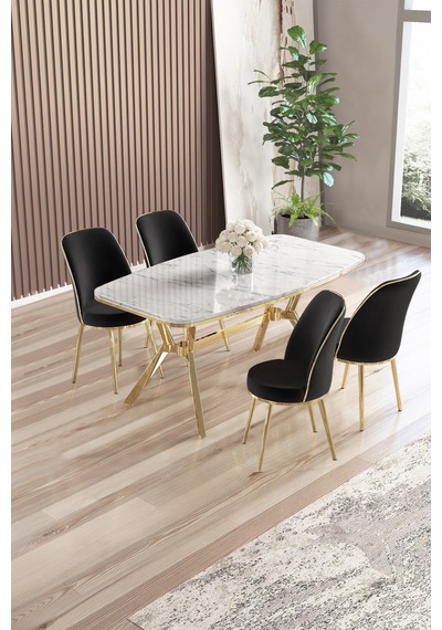 Canisa Lena Serisi 90x160 Lak Panel Beyaz Mermer Desen Gold Kaplama Ayaklı Masa Takımı Ve 4 Siyah Sandalye Beyaz Mermer Desen Masa,siyah Sandalye Canisa Lena Serisi 90x160 Lak Panel Beyaz Mermer Desen Gold Kaplama Ayaklı Masa Takımı Ve 4 Siyah Sandalye Beyaz Mermer Desen Masa,siyah Sandalye