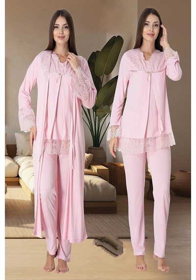Effortt Dvina Lohusa Hamile Dantel Detaylı Sabahlıklı Ve Uzun Kollu Pijama Takımı -3'lü Set - Pembe Pembe Effortt Dvina Lohusa Hamile Dantel Detaylı Sabahlıklı Ve Uzun Kollu Pijama Takımı -3'lü Set - Pembe Pembe