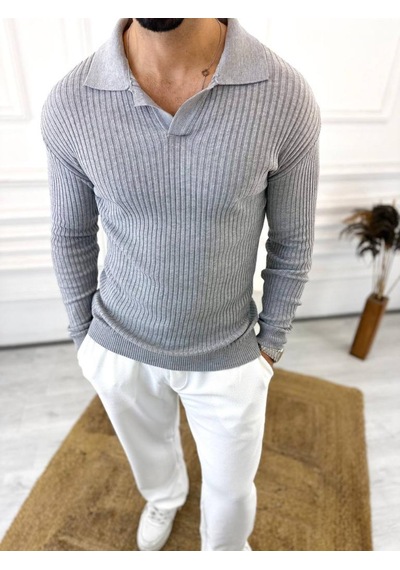 Elku Moda Kazak Slim Fit Polo Yaka Fitilli Yumuşak Dokulu Tüylenmez Sweatshirt Gri