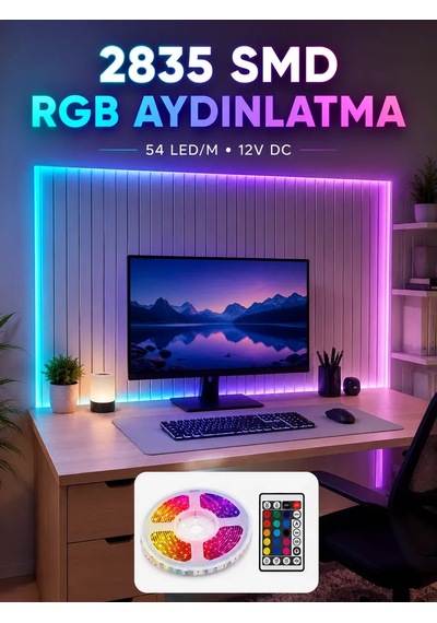 5m Rgb Şerit Led Seti 12v 2835 Smd Kumandalı Ev Oda Ve Dekoratif Ambiyans Aydınlatma Standart