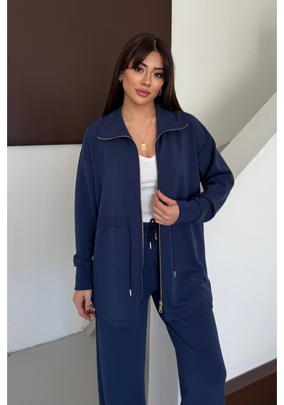 Balenbi Oversize Fermuarlı Beli Bağcıklı Polo Yaka Modal Kadın Takım 1196 - Form Serisi Lacivert Balenbi Oversize Fermuarlı Beli Bağcıklı Polo Yaka Modal Kadın Takım 1196 - Form Serisi Lacivert