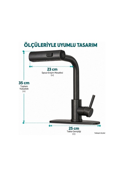 Valkyrie Çekilebilir Şelale Akışlı Mutfak Bataryası 3 Fonksiyonlu 360 Döner Siyah