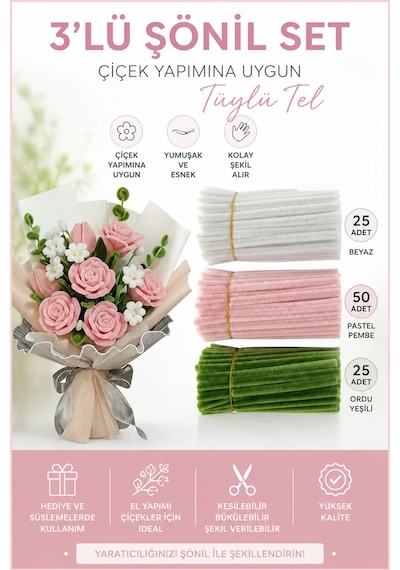 100 Adet 3'lü Şönil Set Pastel Pembe 50 , Beyaz 25 , Ordu Yeşili 25 Şönil ,çiçek Yapım Seti