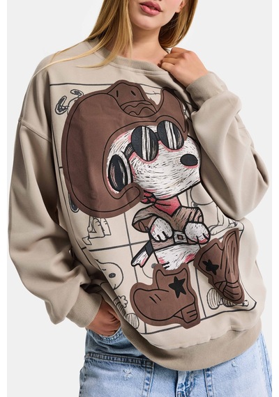 it's basic  Kadın Ekru Bej W5 Oversize Baskılı %100 Koton Organik Kumaş Sweatshirt