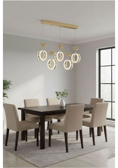 Zerafet 5 Li Rose Gold Yemek Masası Üstü 3 Renk Ledli Modern Sarkıt Led Avize Altın