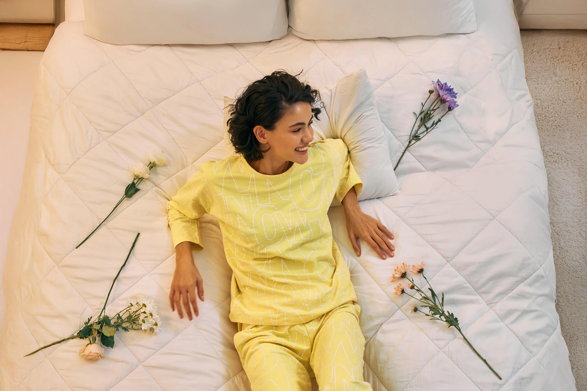Akbeniz Kadın Oversize Sarı Desenli Pamuklu Kalın Pijama Takımı Sarı