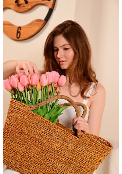 Pembe Yapay Tulipa Lale Çiçeği Buketi 5 Dallı Premium Canlı Islak Dokulu 43 Cm