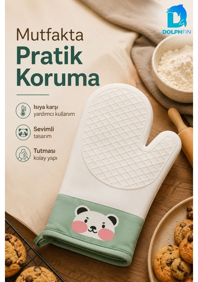 Silikon Fırın Eldiveni Panda Desenli Isıya Dayanıklı Kaymaz Mutfak Eldiveni Yeşil Cok Renkli