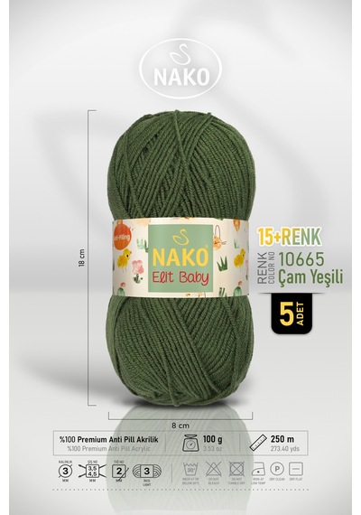 Elit Baby - 10665 Çam Yeşil - 5'li Paket - 100gr/250m - Bebek İpi - Anti Pilling Tüylenmez İp
