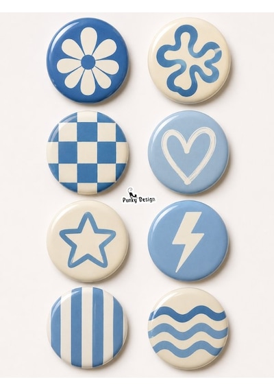 8 Li Set-7 Mavi Beyaz Rozet Seti Çiçek Kalp Yıldız Dama Dalga Desenli Broş Pin Çok Renkli
