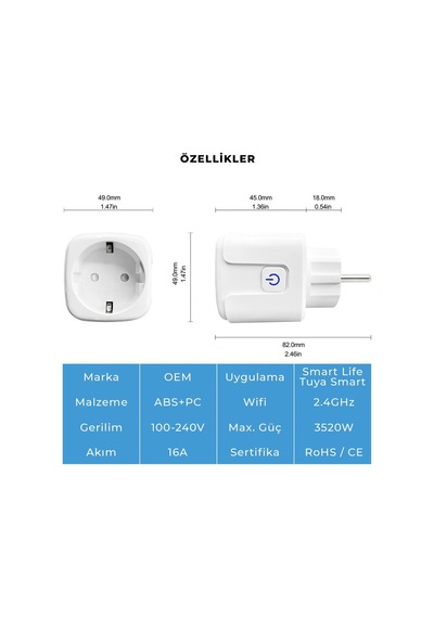 Wi-fi Kontrollü Akım Korumalı Akıllı Priz 16a Tuya & Smart Life Destekli