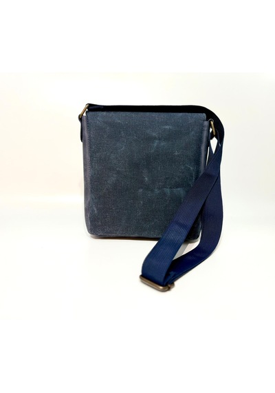 Natderi Hakiki Deri Ve Kanvas Omuz Çantası 20x21 Cm Ayarlanabilir Askılı, Ön Cepli Unisex Günlük Çanta Lacivert