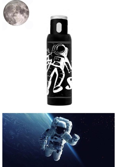 Flosoft Uzay Matara, Astronot Desenli Düğmeli Okul Suluğu, Sızdırmaz Öğrenci Suluk 500ml Siyah
