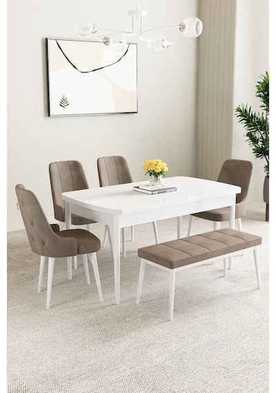 Clara Beyaz 80x132 Açılabilir Mdf Masa Yemek Odası Takımı,mutfak Takımı 4 Sandalye 1 Bench Cappuccino Clara Beyaz 80x132 Açılabilir Mdf Masa Yemek Odası Takımı,mutfak Takımı 4 Sandalye 1 Bench Cappuccino
