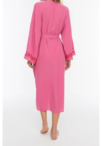 Ersefa Moda Dokuma Regular Kalıp Uzun V Yaka Standart Kol Crinkle Basic Pembe