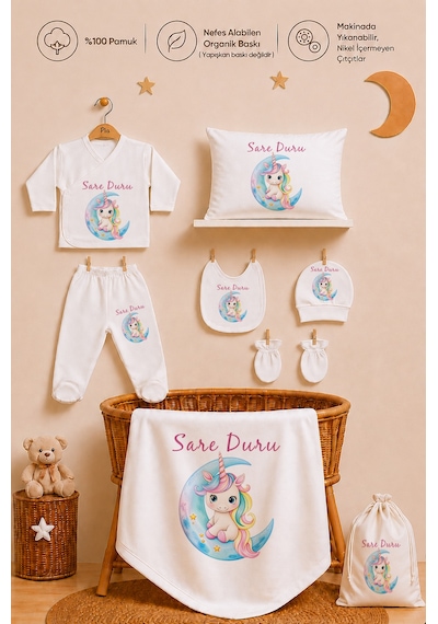 Pia Baby Kişiye Özel %100 Pamuk Kız Bebek Hastane Çıkışı Zıbın Seti 8 Parça Kese Hediyeli 1100zybk0x Krem