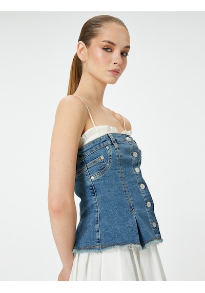 Koton Straplez Düğmeli Denim Üst Orta İndigo 4sal30049md İndigo