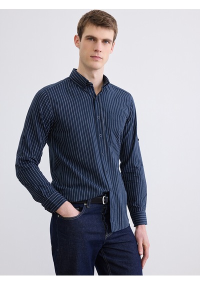 Lcwaıkıkı Classic Lacivert Regular Fit Çizgili Erkek Keten Karışımlı Gömlek