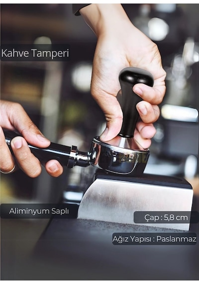 Tamper Aluminyum Saplı Paslanmaz Tabanlı Kahve Tamperi 58 Mm siyah