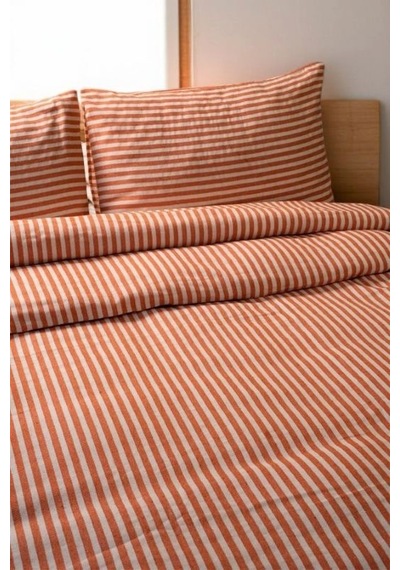 Turuncu Çizgili Keten Nevresim Yastık Seti Tek Kişilik 160x220 Cm Renkli