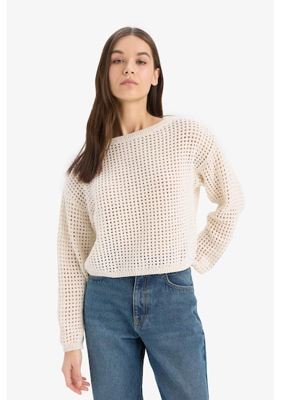 DeFacto 	Regular Fit Bisiklet Yaka Kroşe Triko Kazak T4513AZ25SPER223 Ekru