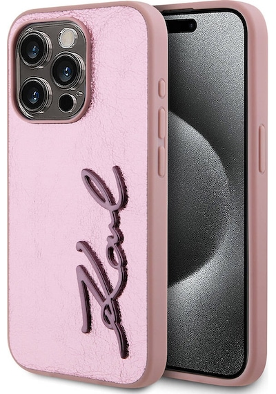 Apple Uyumlu iPhone  15 Pro Max Kılıf Karl Lagerfeld Lisanslı 3d Kl Yazılı Tüylü Yüzey Saffiano Rhinestones Pembe
