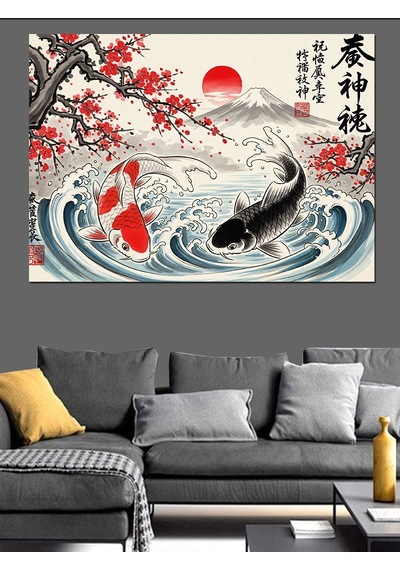 Ahşap Tablo Japon Tarzı Balık Ve Güneş