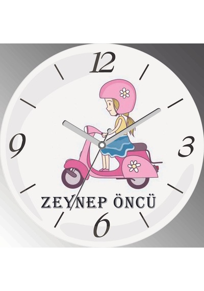 Kişiye Özel Motorbisikletli Kız Çap 30cm Sessiz Akar Bombeli Gerçek Cam Duvar Saati Siyah