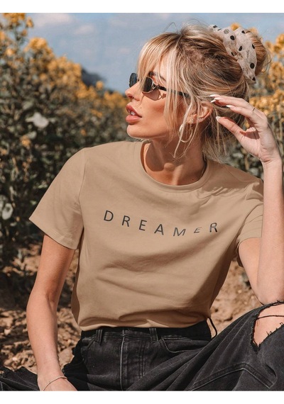 Dreamer T-shirt - Bej Baskılı Oversize Bisiklet Yaka Kısa Kol Tişört Bej