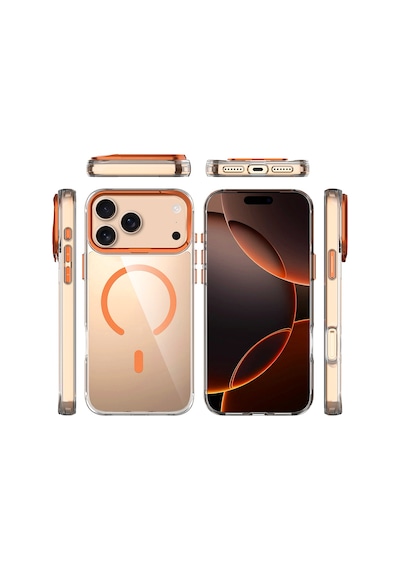 Apple Uyumlu iPhone 17 Pro Kılıf M-safe Şarj Özellikli Airbagli Kamera Standlı Zore Azor Kapak - Turuncu Turuncu