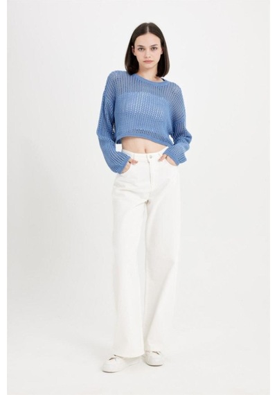 Defacto Regular Fit Bisiklet Yaka Kroşe Ajurlu Delikli Crop Triko Kazak T4513AZ24AUBE113 Mavi