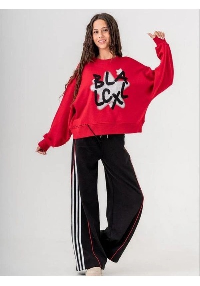 Kız Çocuk Black Yazılı Sweatshirt-14772 Kırmızı