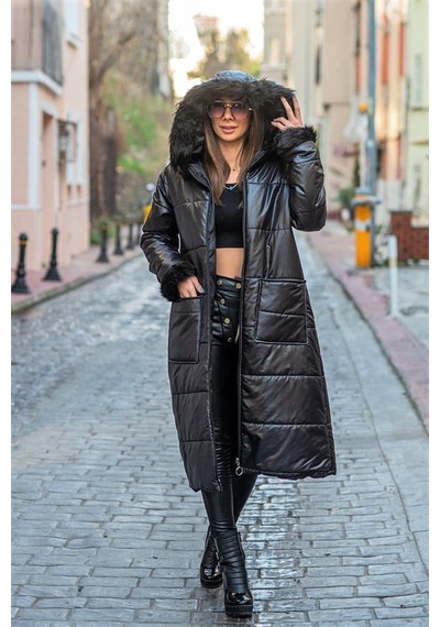 Veraura Lifestyle Siyah Kapüşonu Kürklü Kolları Kürklü Büyük Beden Uzun Şişme Kaban
