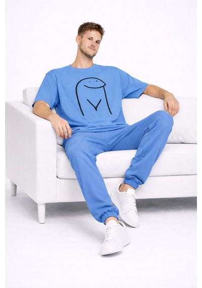 Sevgili Kombini Çift Tişört Oversize Unisex Matching Couple Minim Mavi