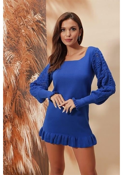 Aqe Fashion Kol Dantel Detaylı U Yaka Eteği Fırfırlı Saks Mavi Elbise Saks Mavi