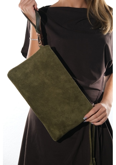 Morden Haki Süet Hakiki Deri Kadın Clutch Çanta