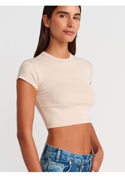 Dilvin 31810 Bisiklet Yaka Crop T-shirt-bej Bej
