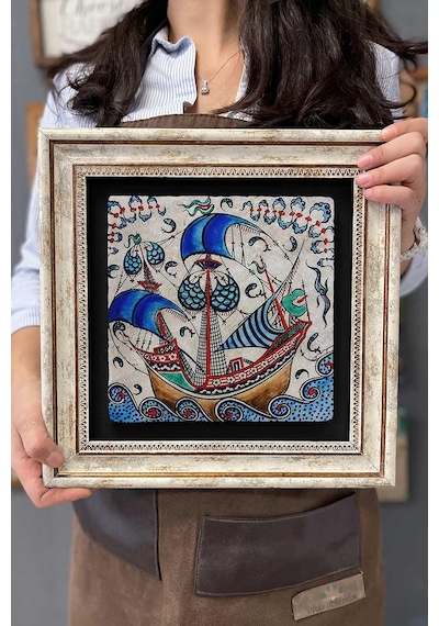 Oscar Stone Decor Çerçeveli Tablo Taş Duvar Dekoru 30 X 30 Cm Çini Seramik Gemi Çok Renkli