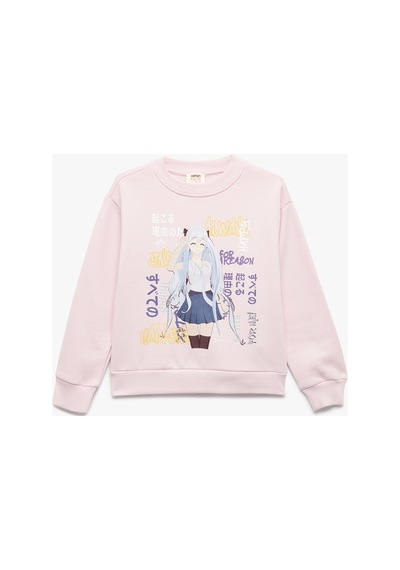 Koton Kız Çocuk Uzun Kollu Bisiklet Yaka Şardonlu Anime Baskılı Sweatshirt Pembe