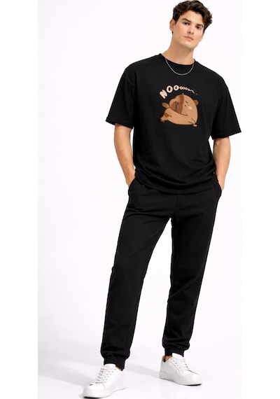 Nevermınd Sevgili Kombini Sevimli Ayı Baskılı Çift Tişört Oversize Unisex Partner Tişört 2'li Set Siyah - Beya Siyah-beyaz Siyah-beyaz